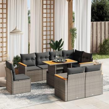 9-Piece Grey Poly Rattan Garden Sofa Set with Cushions