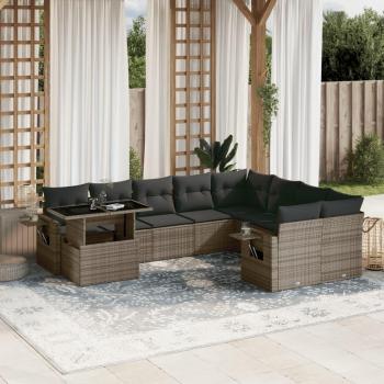 10-Piece Grey Poly Rattan Garden Sofa Set with Cushions