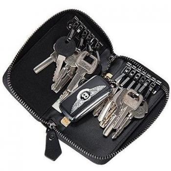 Esdrem - Cartera, llavero y tarjetero hecho a mano, piel de cordero, negro