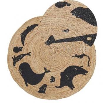Alfombra infantil redonda de yute beige con motivo de animales Ø 120 cm estilo boho