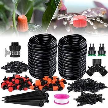 Xddias Sistema de riego para jardín, 30 m, Kit de riego DIY Micro Drip, Manguera de 1/4, riego por Goteo para paisajes, Flores, Plantas de terraza, Color Negro