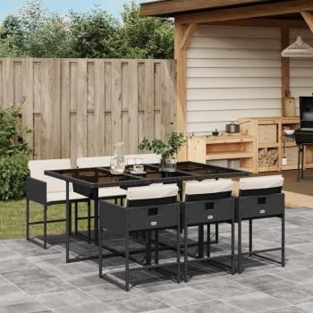 7-Piece Black Poly Rattan Garden Dining Set with Cushions