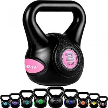 Kettlebell MOVIT de 2 kg con recubrimiento de vinilo en color negro/rosa para entrenamiento efectivo