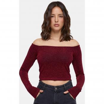 Burgundy Off Shoulder Glitter Long Sleeve Shirt for Women