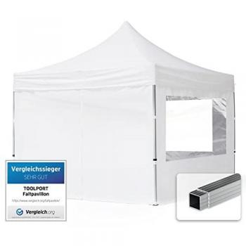Carpa Plegable Toolport Gazebo 3x3m con estructura de aluminio, tela repelente al agua, 4 laterales con ventanas panorámicas, color blanco