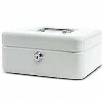 Caja de dinero MAUL, blanca, 200x170x90 mm, acero lacado, con cerradura de cilindro y 2 llaves