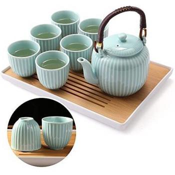Dujust Juego de té japonés, juego de té de porcelana azul cian con 1 juego de tetera, 6 tazas de té, 1 bandeja, 1 infusor, juego de té asiático para amantes del té, diseño recto de bambú