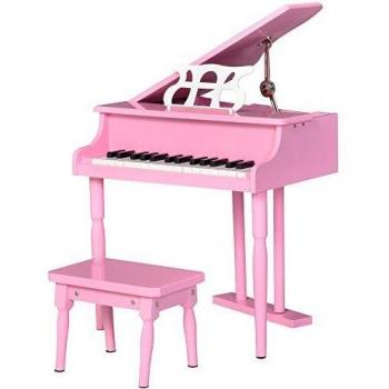 HOMCOM Piano de Cola Infantil con 30 Teclas Taburete y Atril de Partituras Piano para Niños de MDF Instrumento Musical Didáctico 52x50x49 cm Rosa