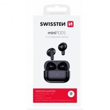 Auriculares Bluetooth TWS Swissten Minipods Negros (4h, Inalámbricos, Control Táctil y Micrófono)