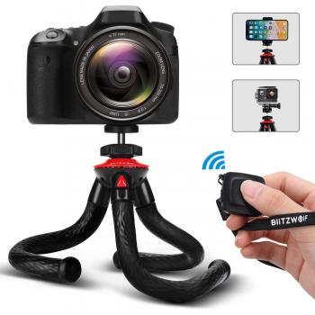 Trípode Flexible, BlitzWolf 28.5cm Mini Tripode Movil con Control Remoto Bluetooth y Soporte de Móvil para iPhone Android de 3.5-6 Pulgadas, con Tornillo de 1/4 y Adaptador de Cámara Deportiva