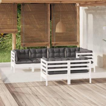 Sofá de jardín 7 PCs con almohadas blancas de madera maciza de pino