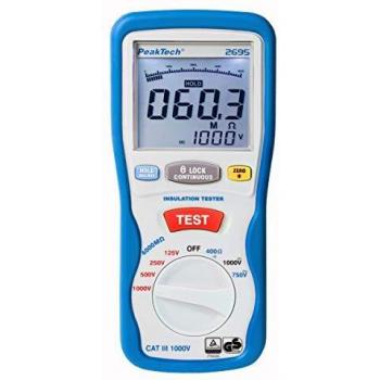 PeakTech 2695 – Probador de aislamiento, calibrado, probador de continuidad, voltímetro, circuitos, fusibles, mínimo/máximo, retención de datos, TUV/GS - 125V, 250V, 500V, 1000V