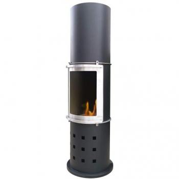 Estufa de torre en acero negro con puerta corredera de cristal templado