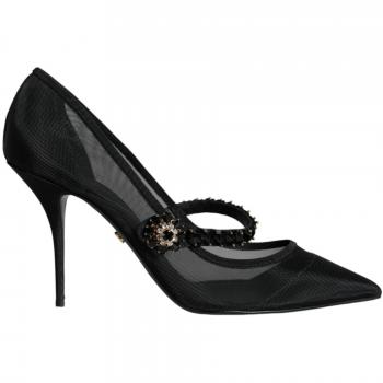 Black Mesh Mary Jane Crystal Heel Pumps - EU41/US11