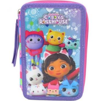 Estuche Triple Gabby La Casa de Muñecas - Plumier 3 Cremalleras, 39 Piezas, Material Escolar con 3 Compartimentos, Estuche Infantil para Niños y Niñas