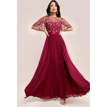Goddiva Embroidered Top Flutter Sleeve Maxi - Burgundy