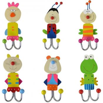 Juego de 6 ganchos de ropa para pared para niños, hecho de madera, multicolor