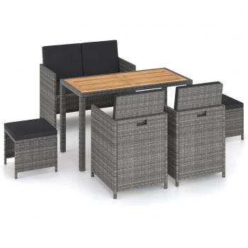 6-Piece Grey Poly Rattan and Acacia Wood Outdoor Dining Set