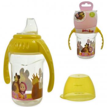 Vaso de Plástico para Viaje Infantil Masha y el Oso 330 ml, sin BPA, con boquilla abatible, tapa y dos asas, reutilizable y lavable