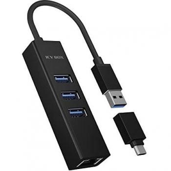 ICY BOX IB-HUB1419-LAN Concentrador USB 3.2 Gen 1 (3.1 Gen 1) Tipo-A con 3 Puertos USB, Adaptador de Red Gigabit Ethernet RJ45, Carcasa de