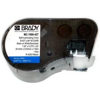 Cinta para impresora de etiquetas Brady, color Negro sobre fondo Blanco/transparente, compatible con BMP51 y BMP53; Etiquetas de vinilo laminado Brady MC-1000-427, dimensiones 25,4 mm x 7