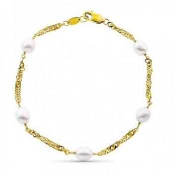 Pulsera de oro 18k para niña con cinco perlas y cadena singapur de 6 mm