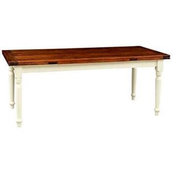 Mesa Extensible de Comedor Country en Madera Maciza de Tilo con Estructura Blanca Envejecida y Acabado Efecto Nogal 200x90 cm