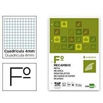 Liderpapel 50019 - Pack de 100 hojas de recambio folio, cuadro 4mm con margen, 4 taladros
