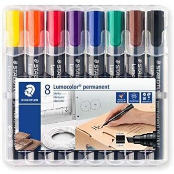 Staedtler Lumocolor 350 WP8. Rotuladores permanentes con punta biselada. Estuche con 8 marcadores de colores variados.
