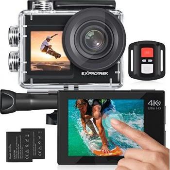 Cámara de acción Exprotrek 4K con Pantalla táctil, ángulo de visión Ajustable EIS, cámara subacuática Impermeable de 40 m, cámara Deportiva con Control Remoto y Kit de Accesorios para Casco, Negro