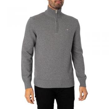 GANT Men's Dark Grey Melange Cotton Half Zip Sweatshirt - XL Size