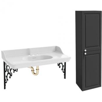 Mueble Bajo Lavabo Suspendido Jacob Delafon Cléo 1889 con 3 Huecos, Soportes de Metal Negro, Columna Recta y Sifón Dorado