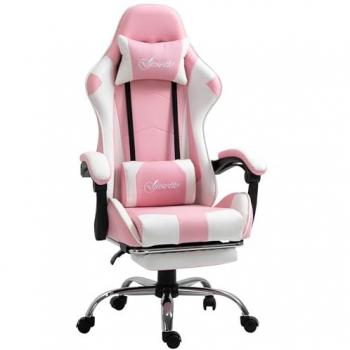 Silla Gaming Vinsetto Reclinable Giratoria con Reposacabezas, Reposapiés, Cojín Lumbar, Altura Ajustable para Oficina y Estudio 64x67x119-127 cm Rosa