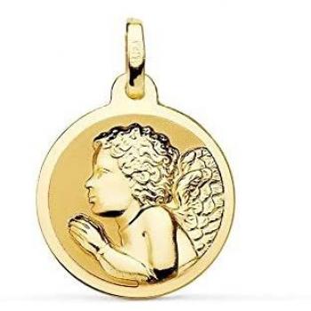 Ángel Niño Piadoso rezando medalla oro 18k unisex 18mm. bisel liso - Personalizable - GRABACIÓN INCLUIDA