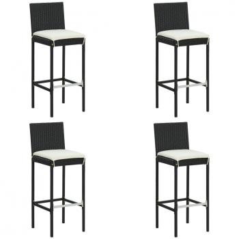 Taburetes de bar de Polyrattan negros con almohadas, 4 piezas, ratán sintético, cojines incluidos