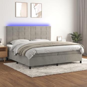 Colchón box spring de muelles con LED en terciopelo gris claro 200x200 cm