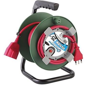 Enrollador de Cable Eléctrico para Jardín con Toma Universal 16A, Protección Térmica, 25m, Sección de Cable 3x1,5 mm²