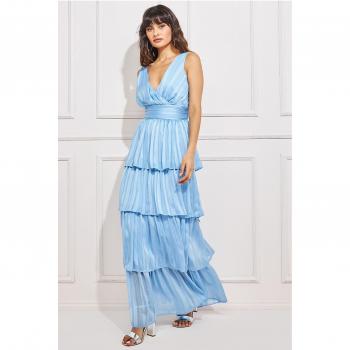 Goddiva Tiered Chiffon Maxi Dress - Powder Blue - Size 14 UK