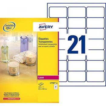 Avery L7782-25 - Pack de 25 folios de etiquetas brillantes, 63.5 x 38.1 mm , Transparentes