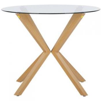 Mesa de comedor redonda en vidrio templado para 4 personas, diámetro 90 cm, estilo escandinavo con base de madera clara