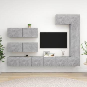 Conjunto de muebles para sala de TV en madera gris con 7 piezas y diseño de concreto