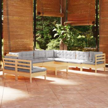 Set de Muebles de Jardín 10 Piezas con Cojines Grises de Madera Maciza de Pino