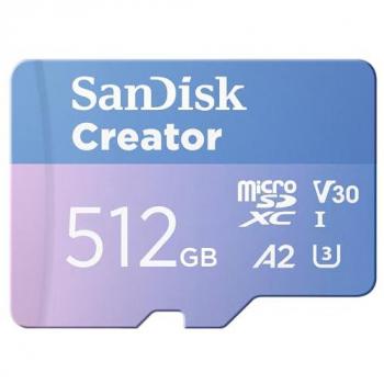 Tarjeta microSDXC SanDisk Creator 512 GB UHS-I Clase 10 A2 V30 con Adaptador, Velocidades hasta 190 MB/s