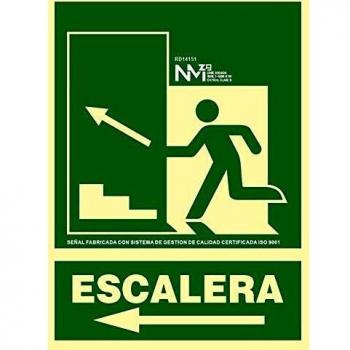 NM RD14151 - Señal Luminiscente Escalera Izquierda Arriba Clase B PVC 0,7mm 22,4x30cm con CTE, RIPCI y Apto para la Nueva Legislación
