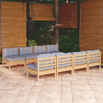 9-Piece Solid Pinewood Garden Lounge Set with Grey Cushions