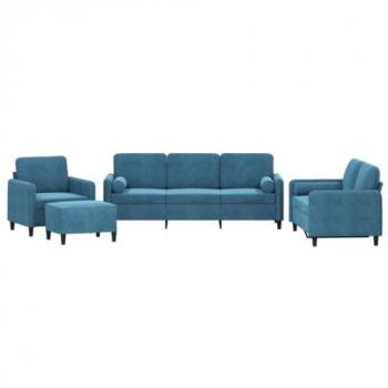 Sofá 4 Pcs Set con almohadas de terciopelo azul