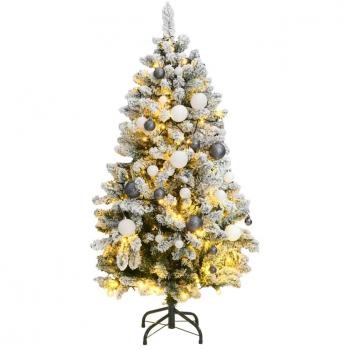 Árbol de Navidad Artificial con Bisagras 150 cm, 150 LED, Bolas de Adorno, Color Verde y Blanco