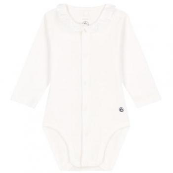 White Cotton Long Sleeve Baby Bodysuit with Collar, Size 12M