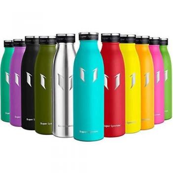 Super Sparrow Botella de Agua Acero Inoxidable- 750ml - sin BPA - islamiento de Vacío de Doble Pared, Botellas Frío/Caliente, Reutilizable para Niños, Colegio, Sport, Gimnasio, Bicicleta