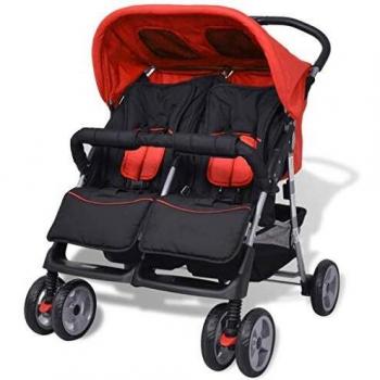 vidaXL Carrito de Gemelos Acero y Tela Oxford Rojo y Negro Cochecito Mellizos